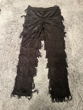 Black Fringe Wide-Leg Pants - Women